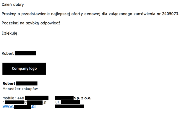Wiadomość e-mail z ofertą biznesową wysłana do ofiary phishingu.